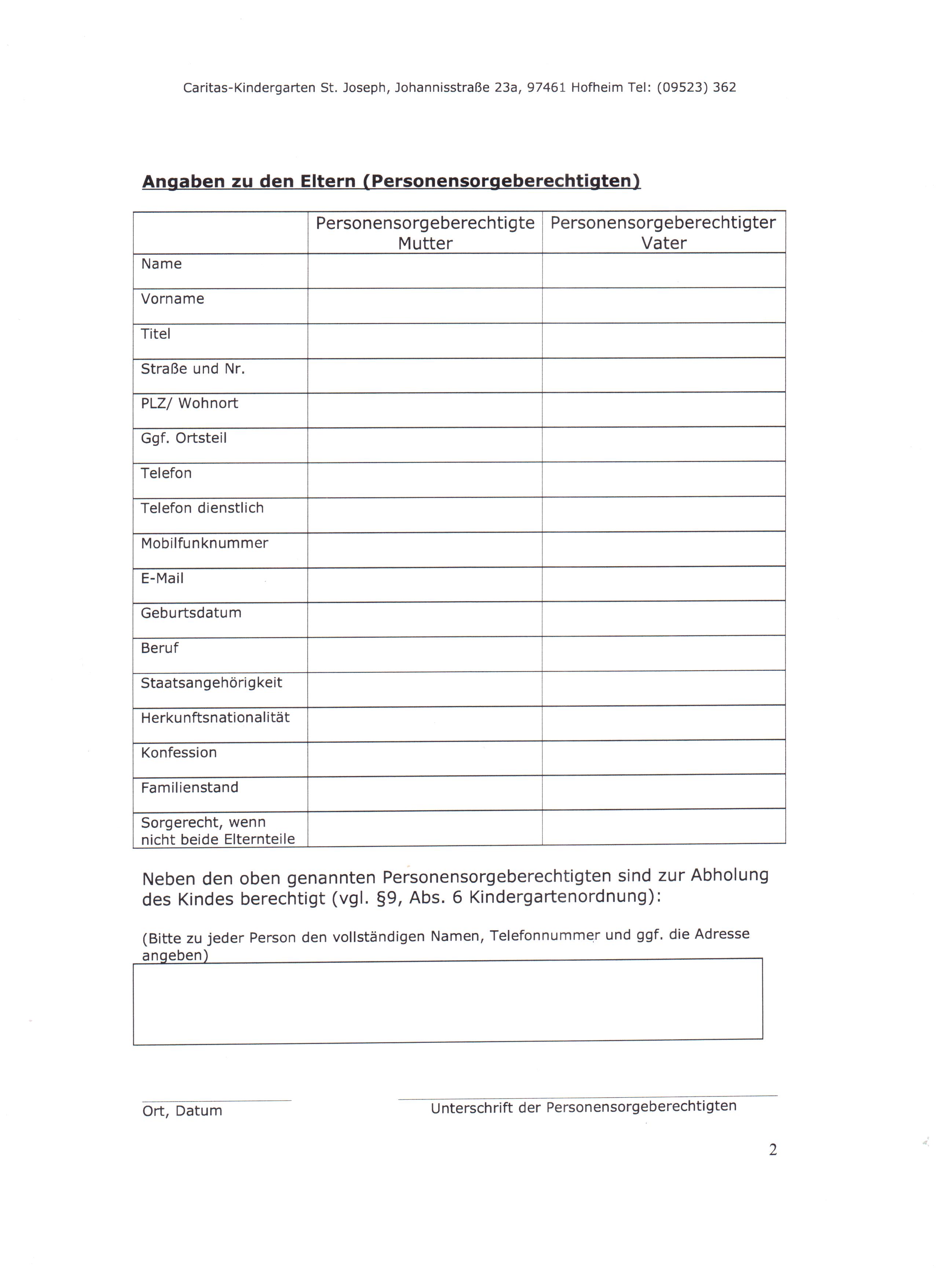 KITA St. Joseph Formulare Anmeldung